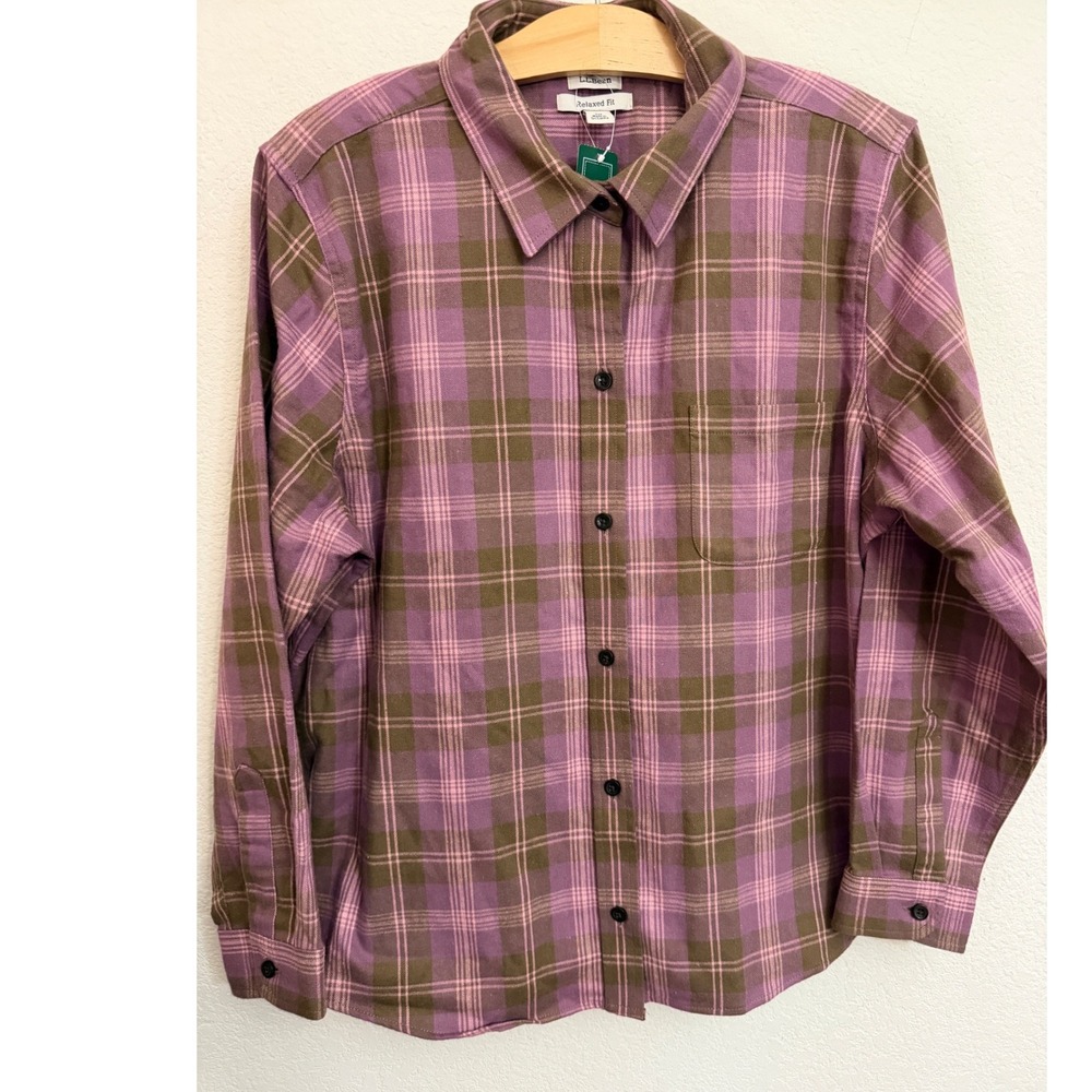 LL Bean Scotch Plaid Shirt Womens XL Petite Purple Brown Relaxed Fit 279326